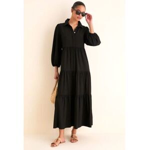 Pomander Place Tuckernuck Black Crepe Mabel Maxi Tiered Dress Sz L Travel